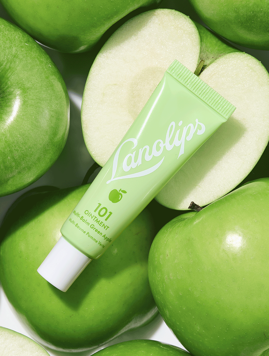 Our Lanolips 101 Ointment Multi-Balm in Green Apple uses This super-rich balm penetrates & seals in moisture to give intense hydration for dry & chapped lips, skin patches, cuticles, elbows & more