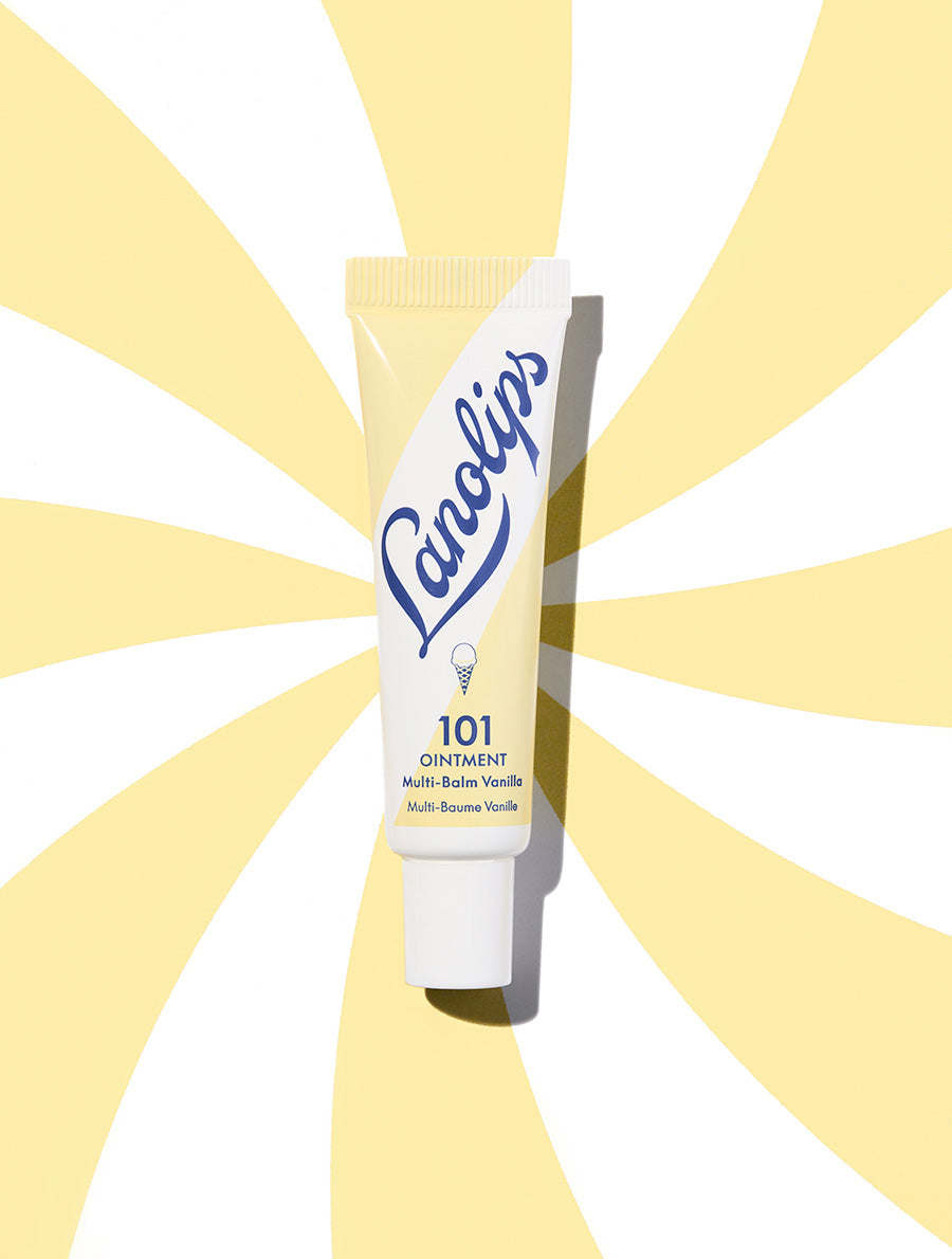 Lifestyle shot of Lanolips 101 Ointment Multi Balm Vanilla. A super rich balm that seals in moisture to give intense hydration for extremely dry & chapped lips, skin patches, cuticles, elbows & more.