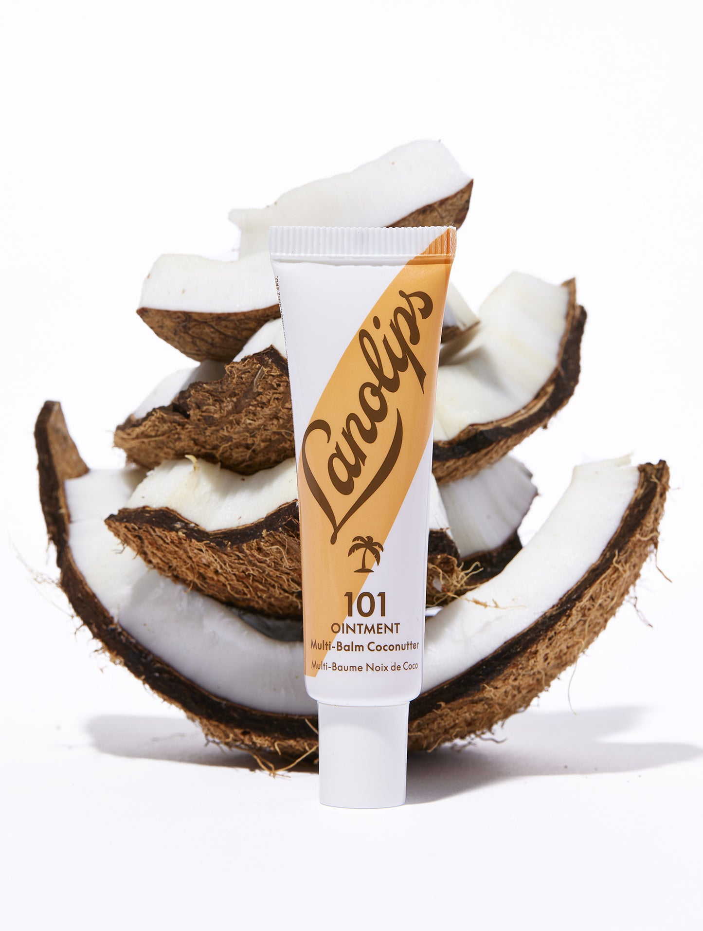 Lanolips 101 ointment coconutter tube with fresh coconut.