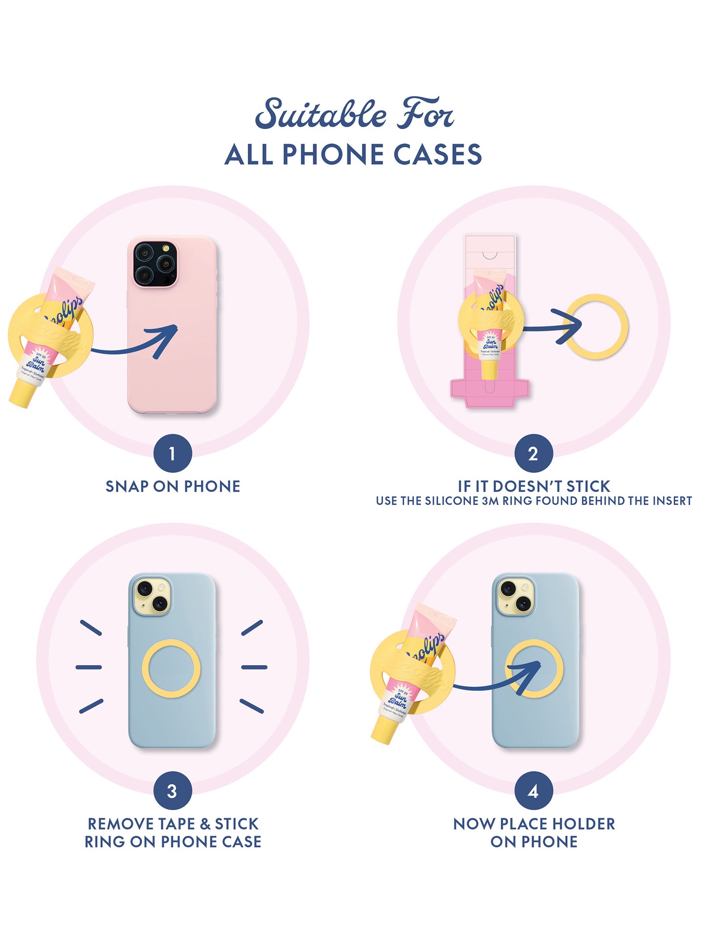 Instructions for using the lanolips phone lip balm holder with illustrations and text on a white background