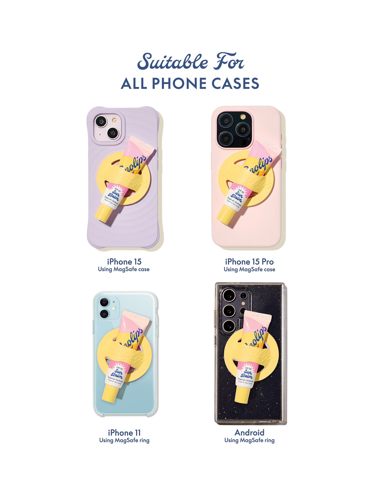 Infographic showing that the lanolips lip balm phone holder is suitable for all phone
cases - including iphones and androids