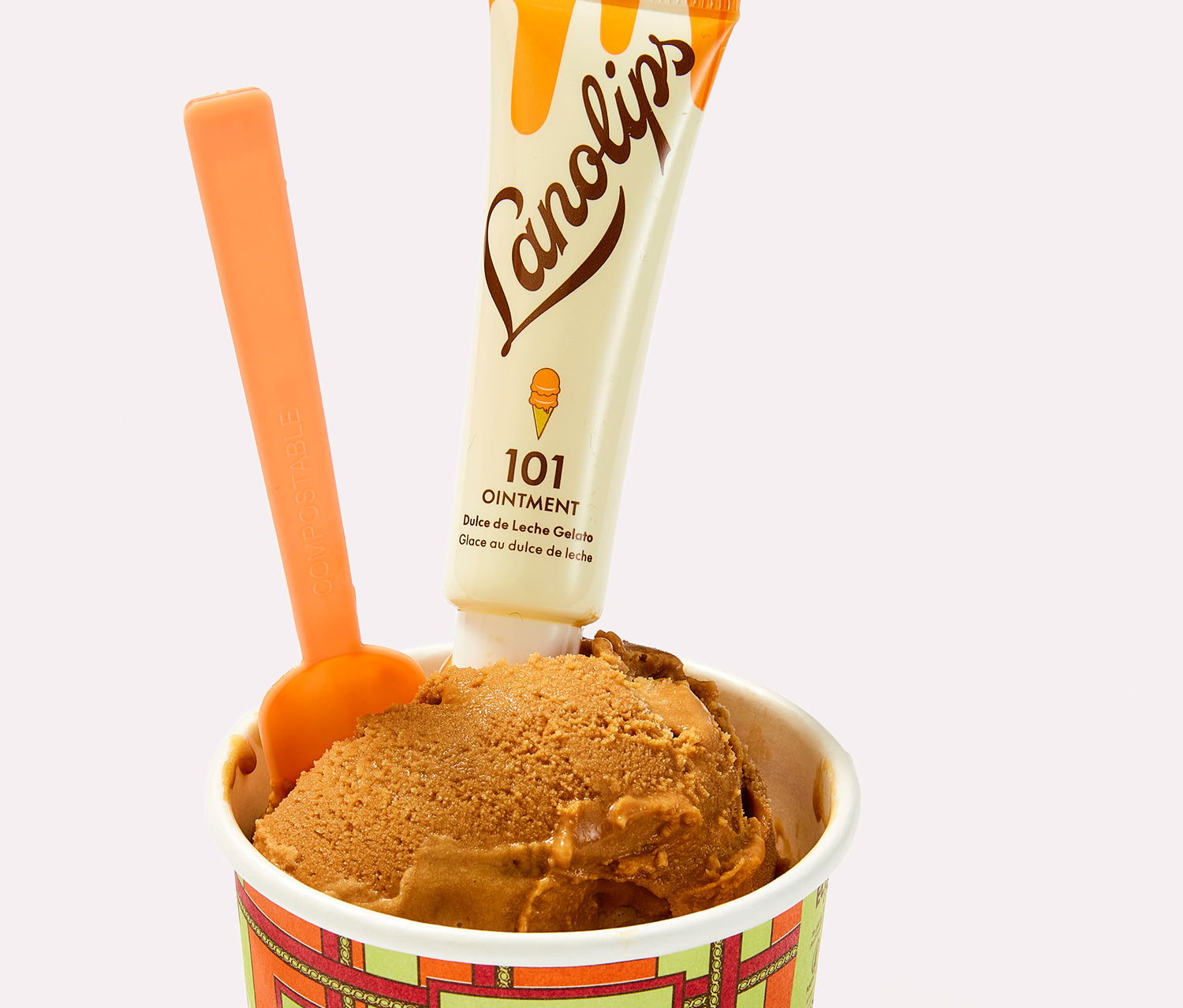 Lanolips 101 Ointment Multi Balm in Dulce de Leche Gelato is made with lanolin, vitamin e, coconut oil and all-natural caramel flavor for a naturally sweet hydration boost throughout the day.