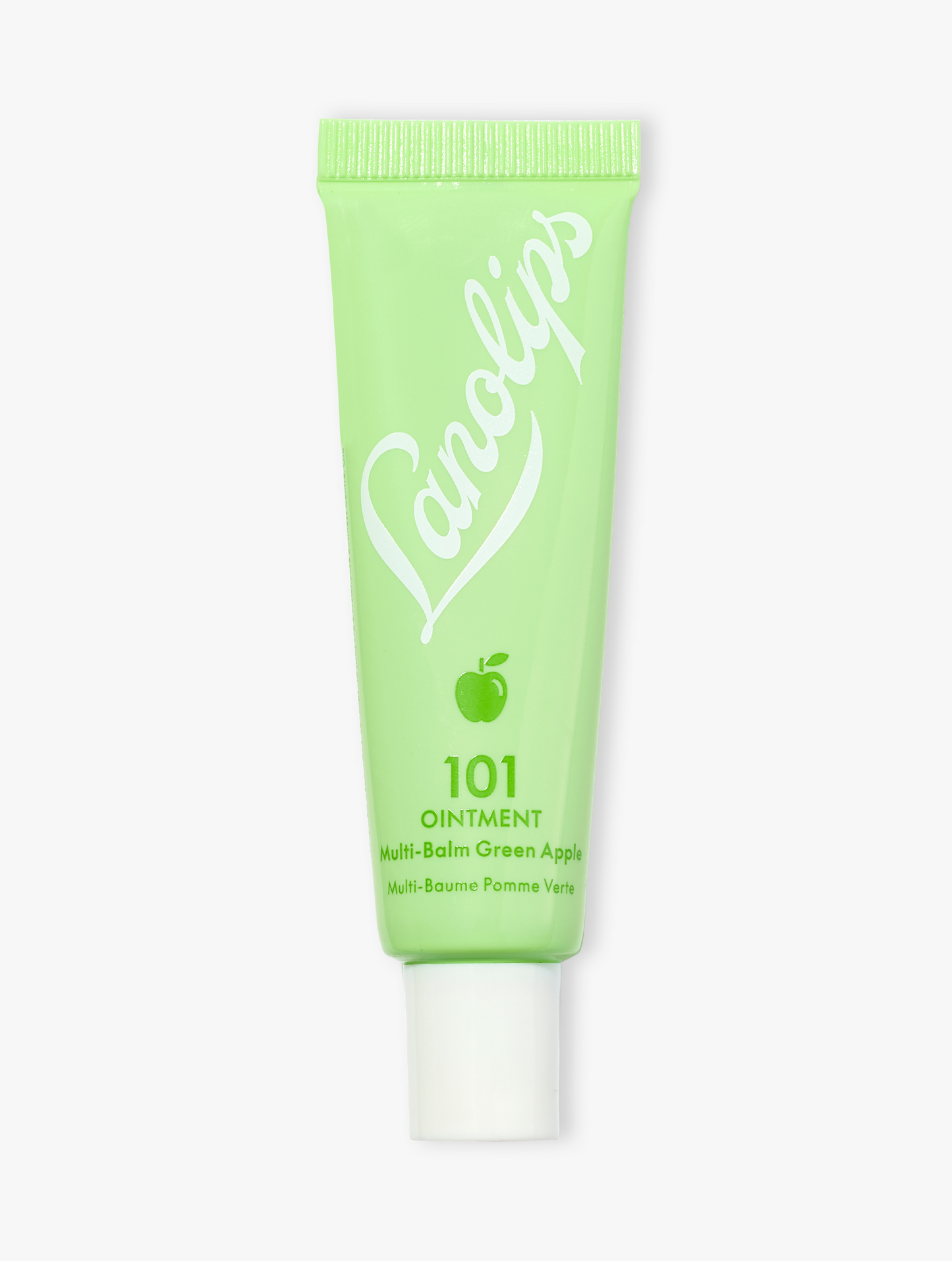 Product shot of the Lanolips 101 Ointment Multi-Balm Green Apple, featuring the closed tube. 101 Ointment Multi-Balm Green Apple is part of our 101 Flavoured lip balm range. The World's Best Lip Balm infused with real apple-fruit extract & vitamin E. This super-rich balm penetrates and seals in moisture to give long-lasting hydration for dry chapped lips, skin patches, cuticles, elbows & more.