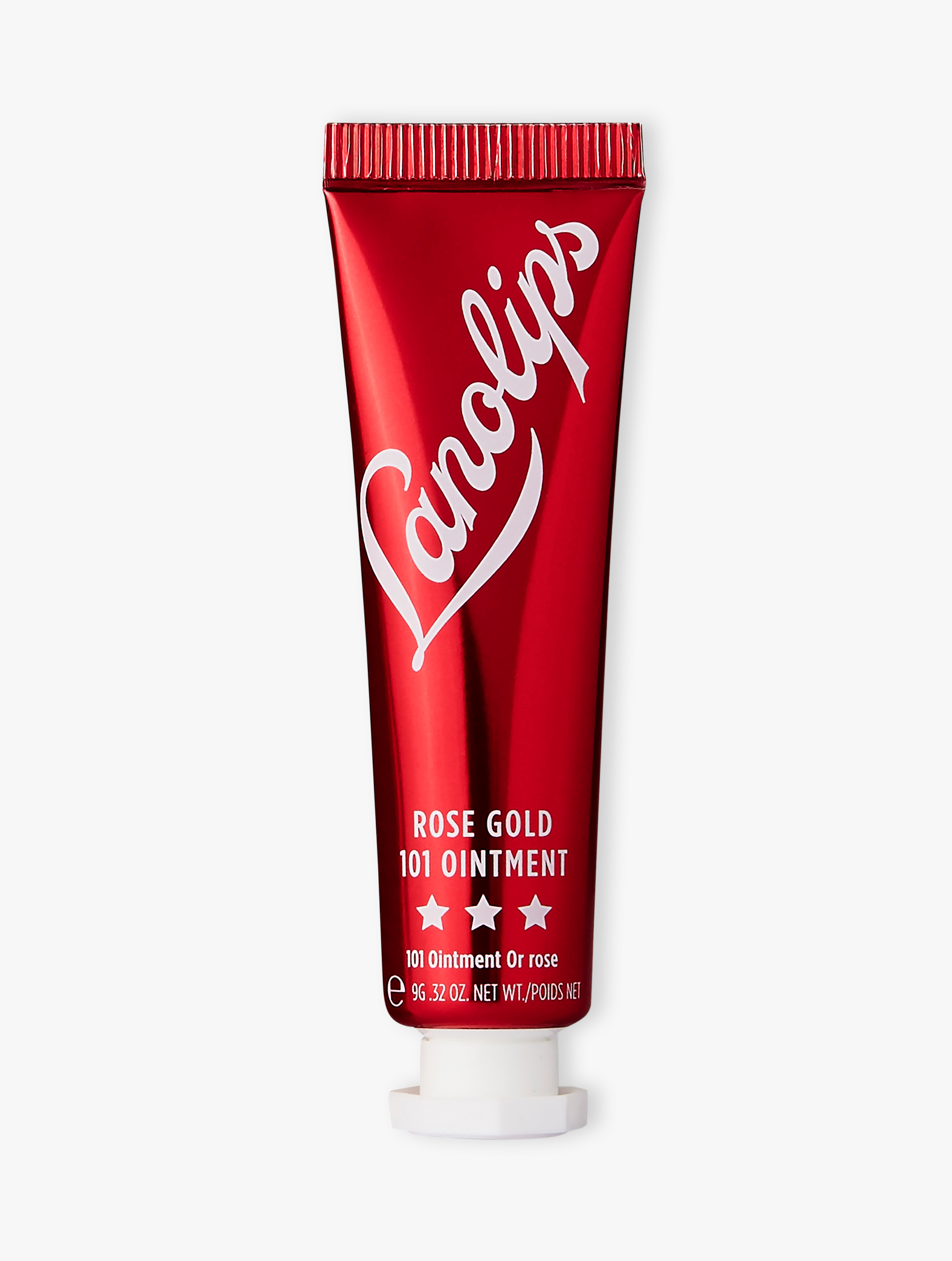 Product shot of the Lanolips Rose Gold 101 Ointment, featuring the closed tube. Intense lanolin hydration meets a dewy rose-flushed tint.