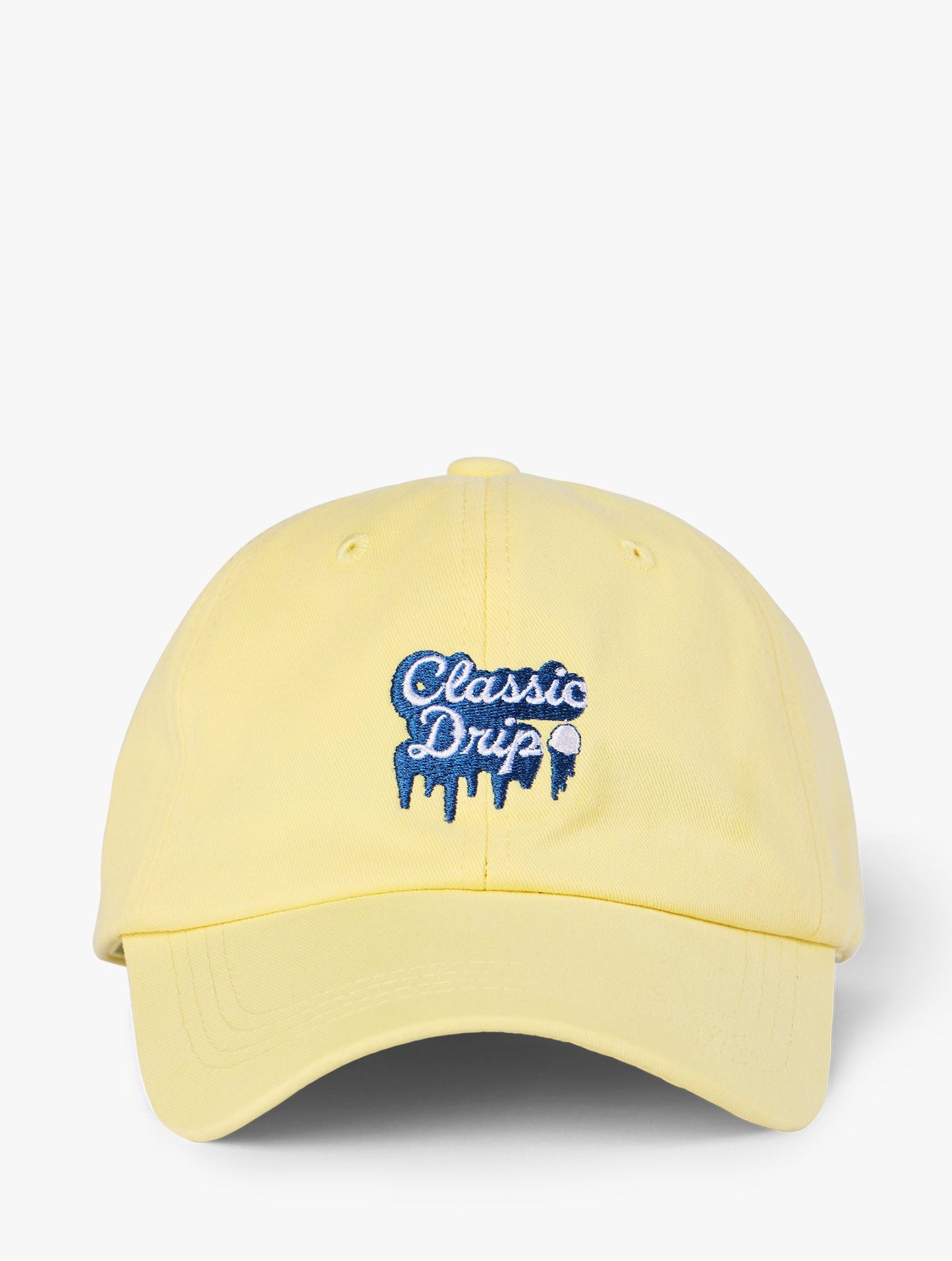 Lanolips Classic Drip Yellow Cap front view. Made with 100% cotton, and the Classic Drip embroidered slogan at the front.