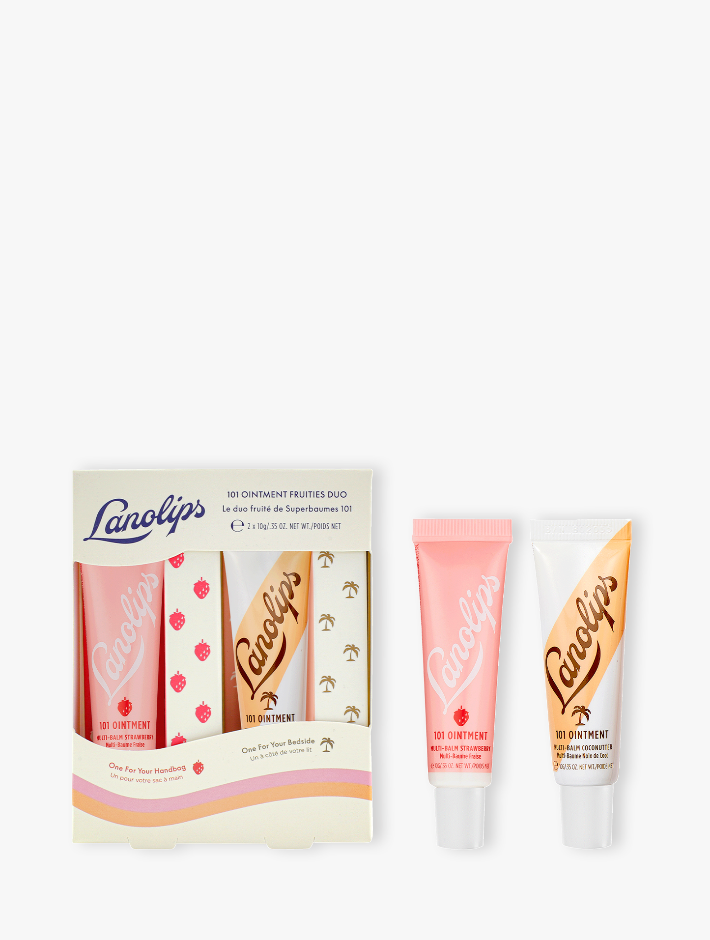 Lanolips fruities duo set containg the lanolips 101 ointment strawberry and coconutter tubes.