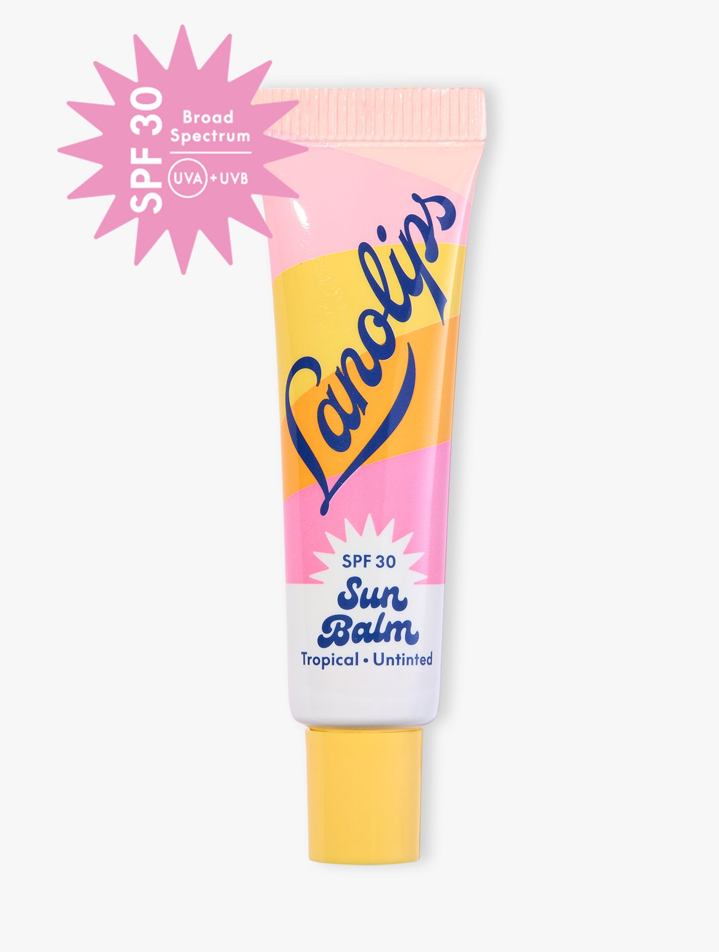 Product shot of Lanolips Sun Balm SPF 30 Tropical lip balm. Made with hydrating lanolin, shea butter, vitamin e and SPF 30 for all-year-round sun protection. Badge also shows the Lanolips Sunbalm SPF 30 Broad Spectrum with UVA + UVB.