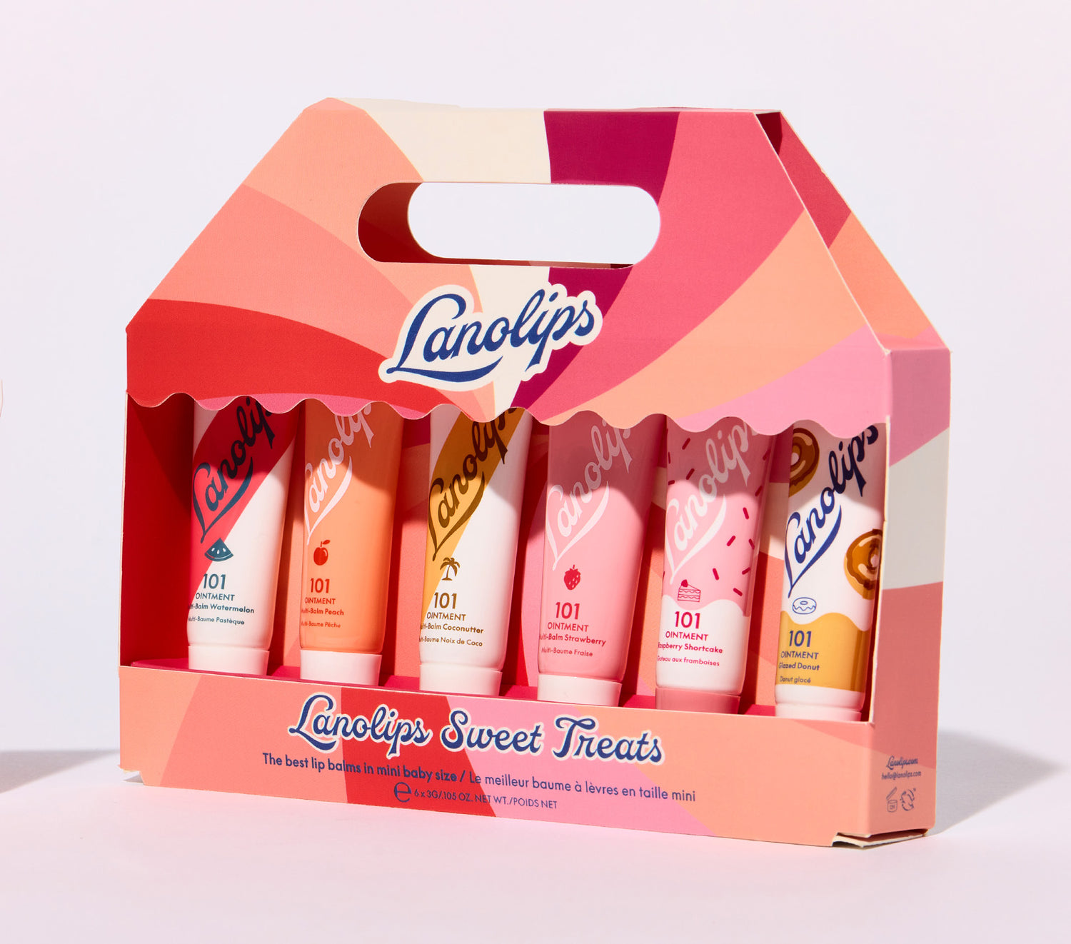 Product image of the lanolips sweet treats mini set containing our best selling 101 ointment lip balm flavors in watermelon, peach, coconutter, strawberry, raspberry shortcake and glazed donut in mini baby sized tubes.