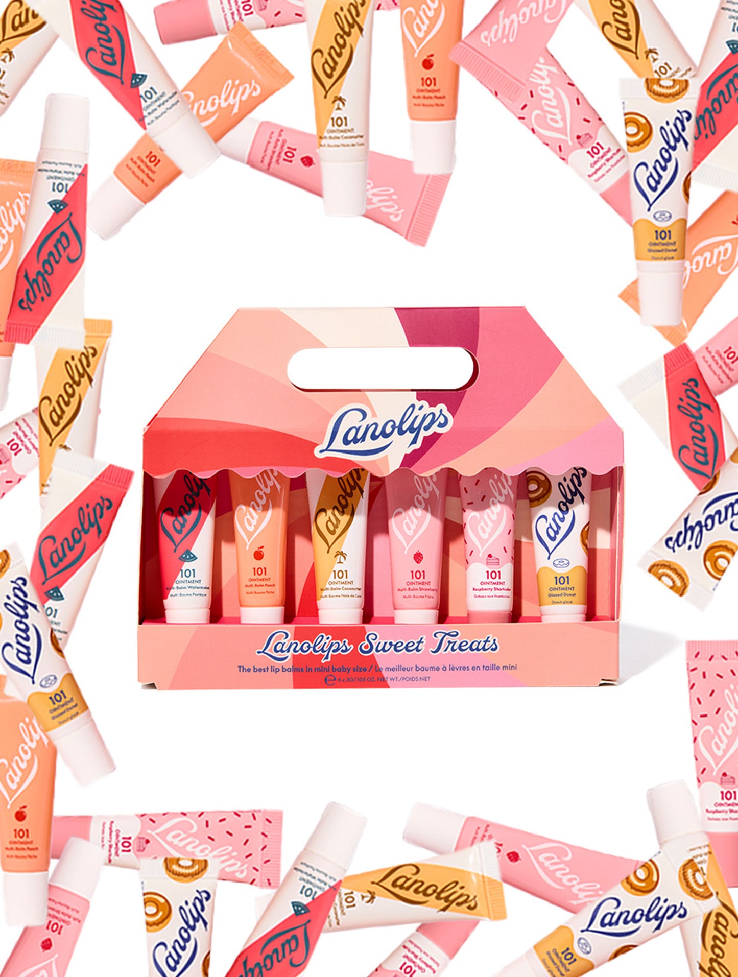 Lanolips Sweet Treats contains 6 mini lip balms in 101 Fruities Ointment flavors Watermelon, Peach, Coconutter, Strawberry, Raspberry Shortcake and Glazed Donut