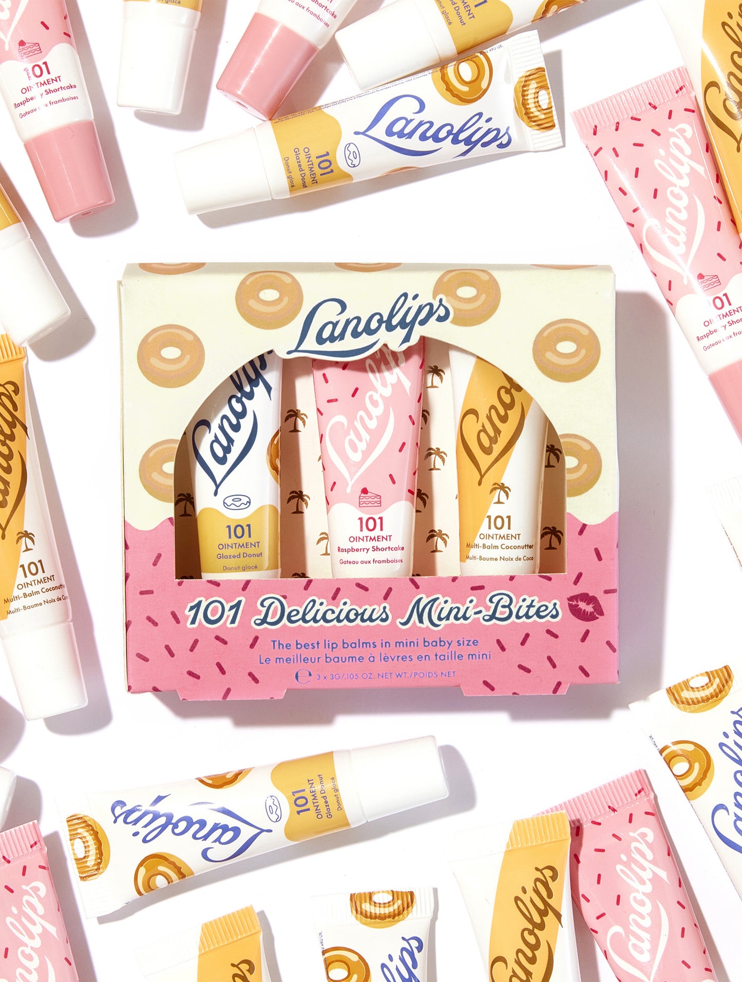 Lanolips 101 Delicious Mini Bites lip balm set with packaging on a white background.