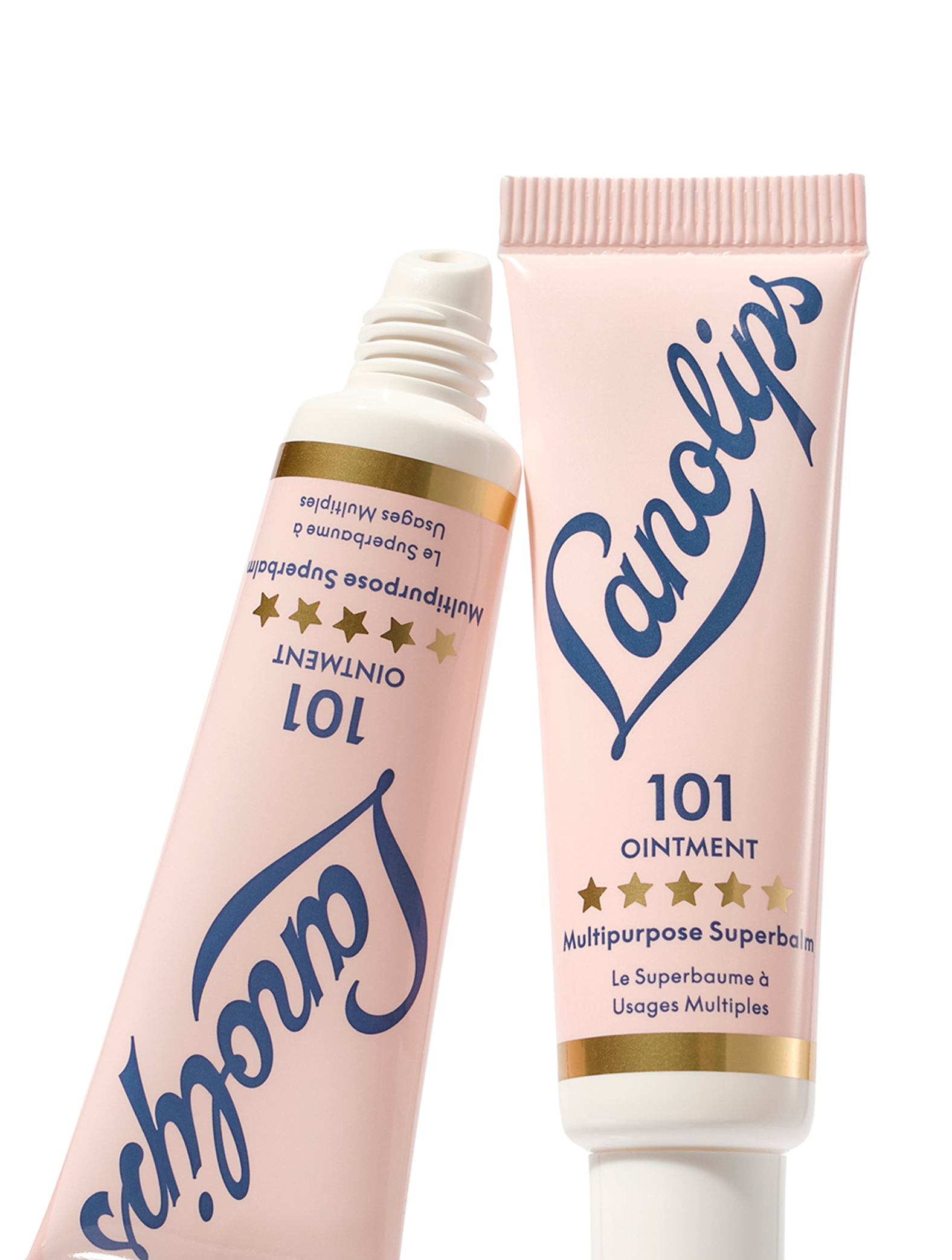 Two tubes of Lanolips Original 101 Ointment Multipurpose Superbalm on a white background. The World's Best Lip Balm, multipurpose, dermatologically tested lanolin formula for dry skin and lips.