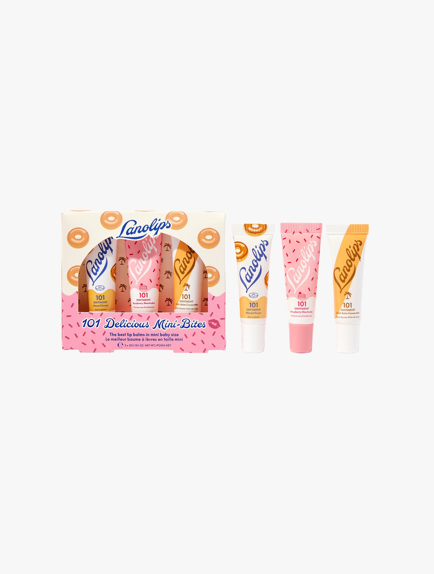 Lanolips 101 Delicious Mini Bites 3 pc lip balm set with packaging on a white background.