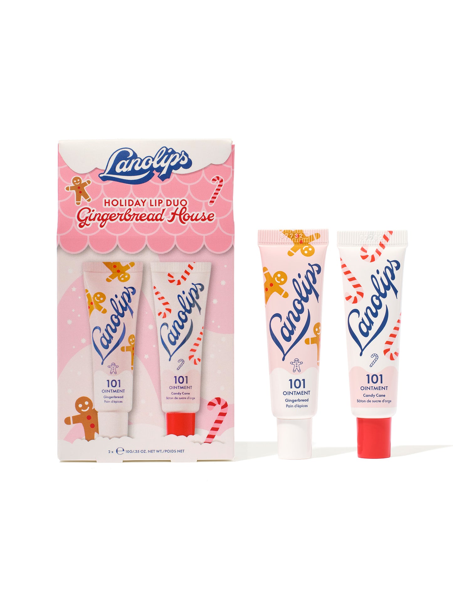 Lanolips Holiday Lip Duo Gingerbread House set, featuring 101 Ointment Multi-Balm Gingerbread and 101 Ointment Multi-Balm Candy Cane, made with lanolin, vitamin E and natural flavors.