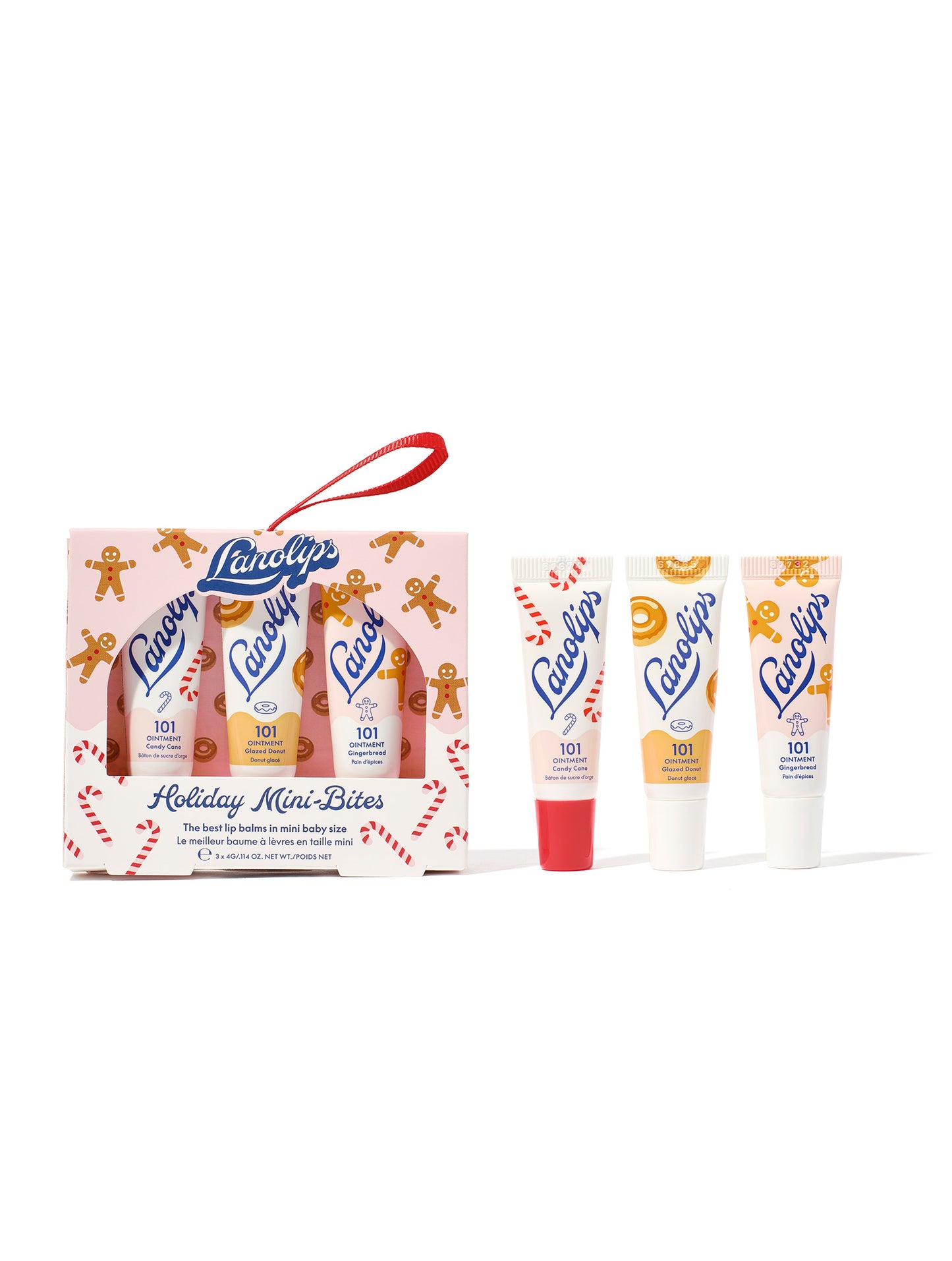 Lanolips Holiday Mini Bites with the trio set shown against a white background: 101 Ointment Multi-Balm Candy Cane, Glazed Donut and Gingerbread. Our iconic 101 Ointments have now been infused with a festive twist, but still packed with rich lanolin, vitamin-e and natural flavors.