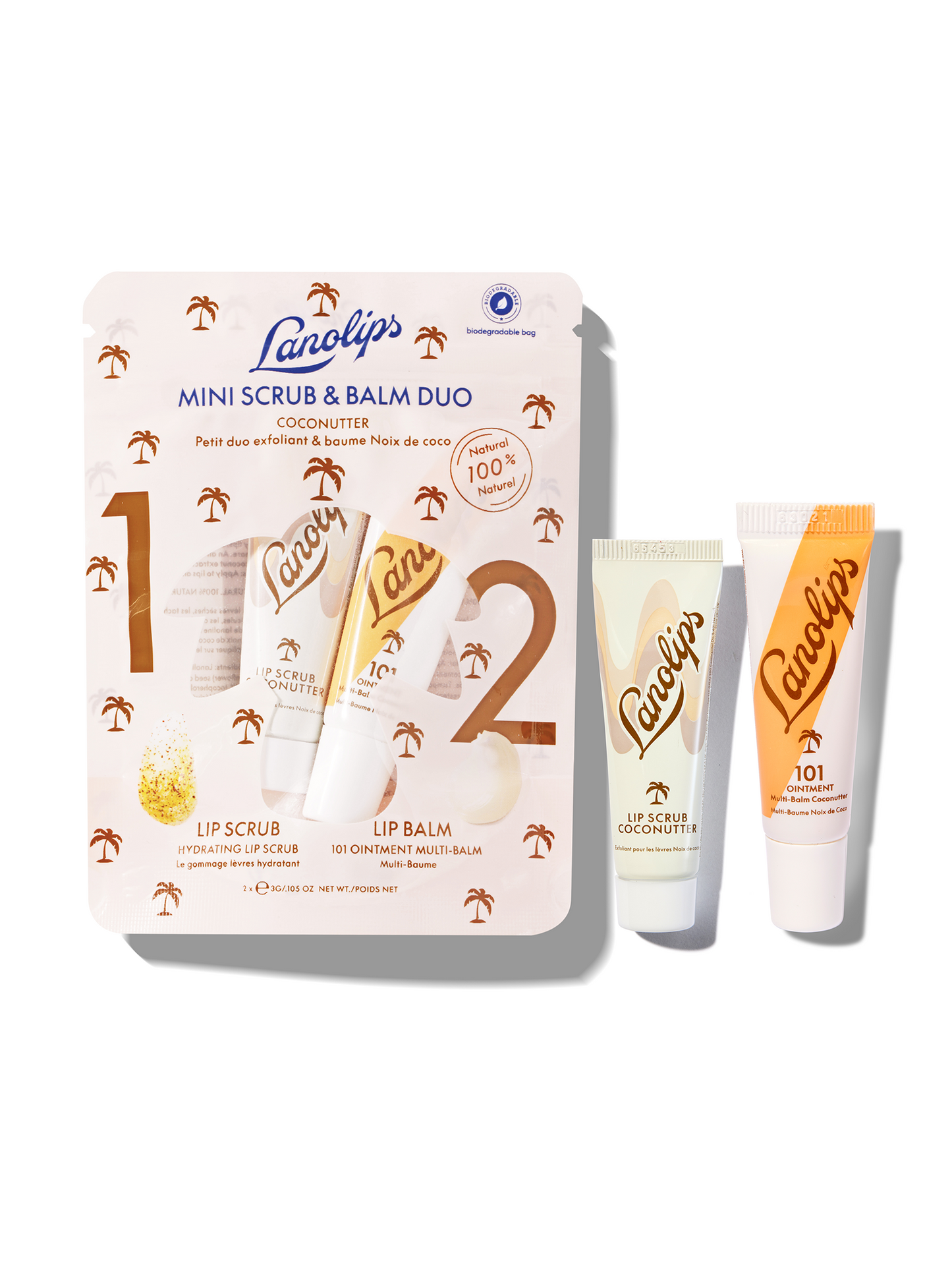Product shot of Lanolips Mini Scrub & Balm Duo in Coconutter.