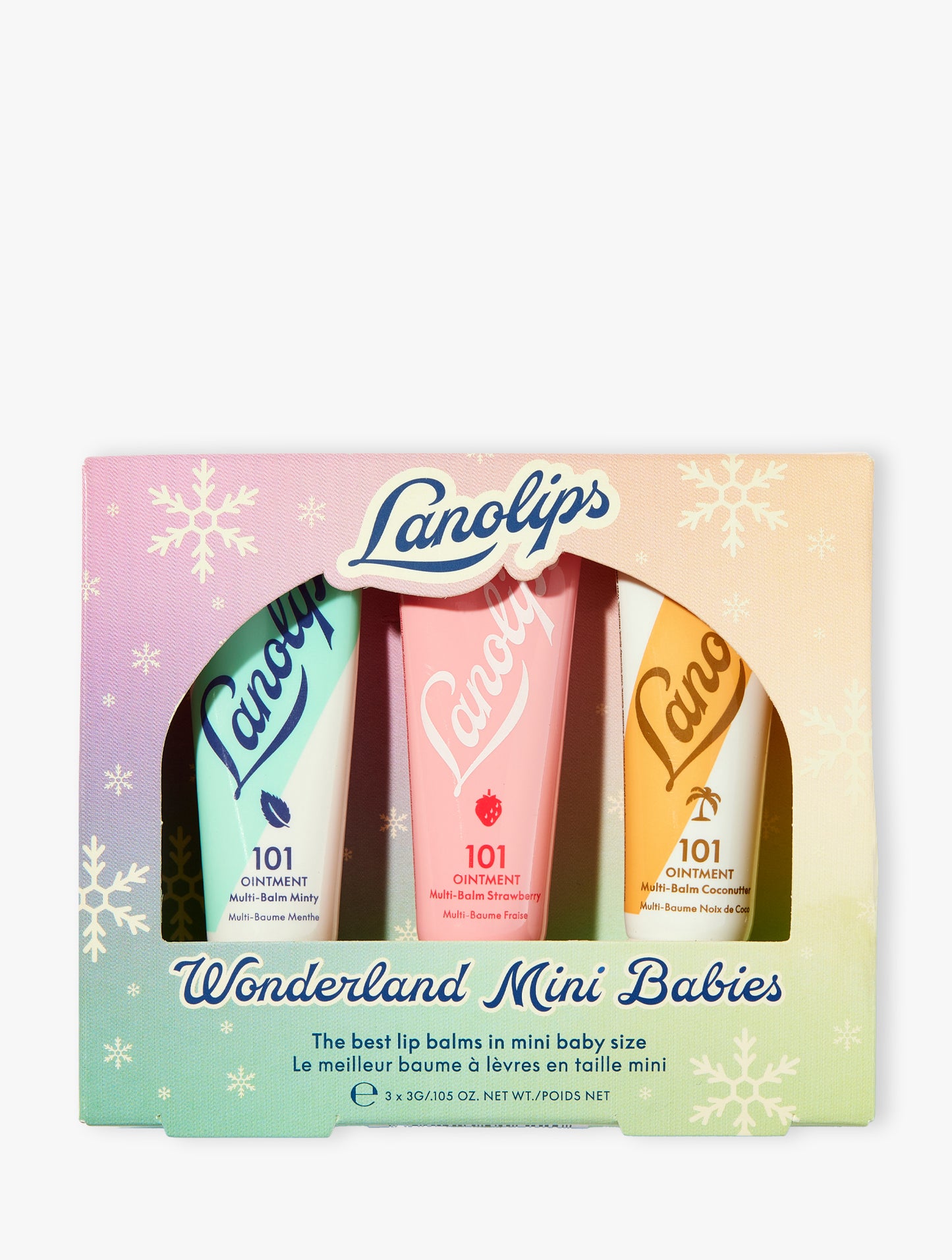 Product shot of the Lanolips Wonderland Mini Babies - the best lip balms now in baby sized form. The trio includes minty, strawberry and coconutter.