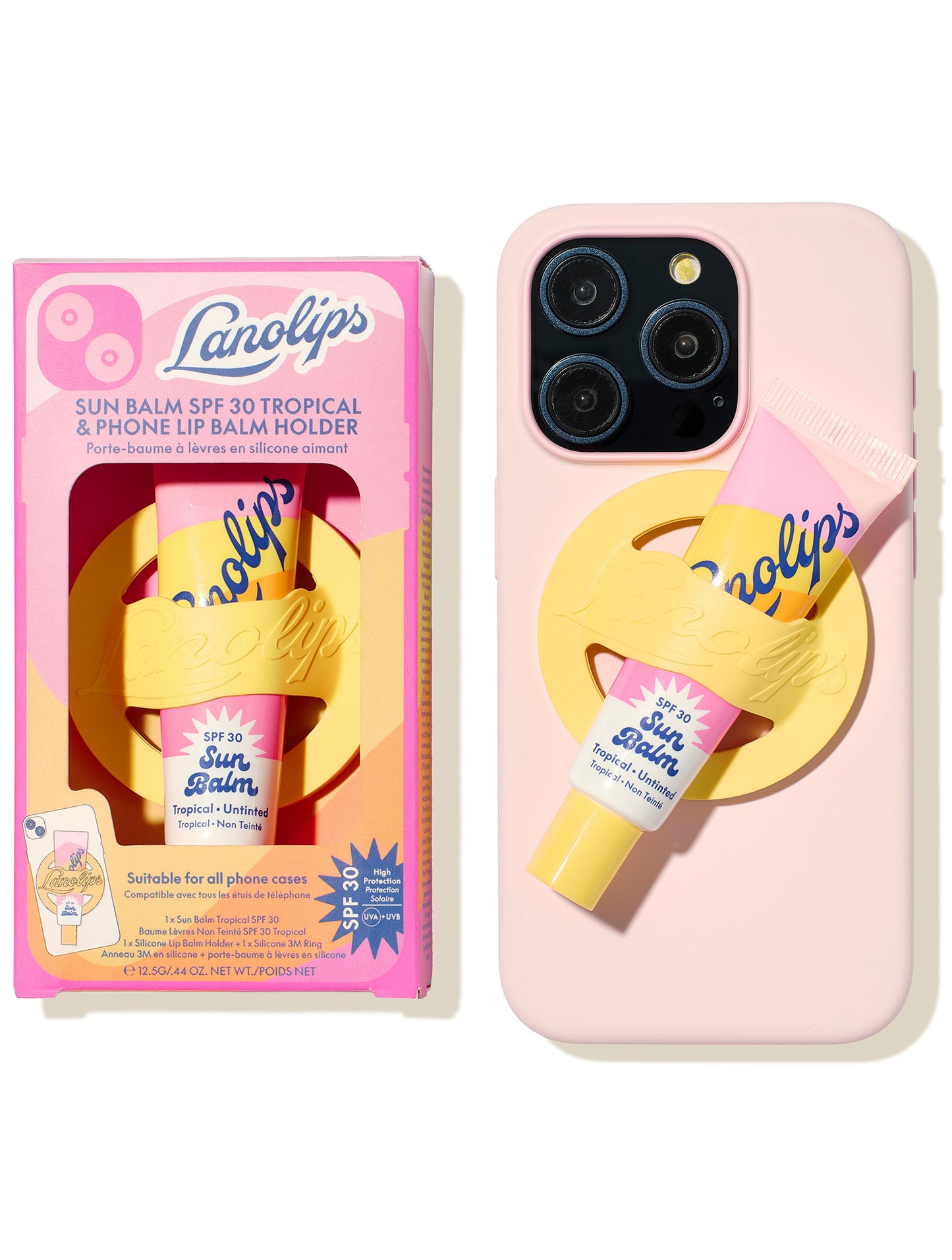 Lanolips Sun Balm SPF 30 Tropical with yellow phone holder shown in packaging and attached to a pink phone case.