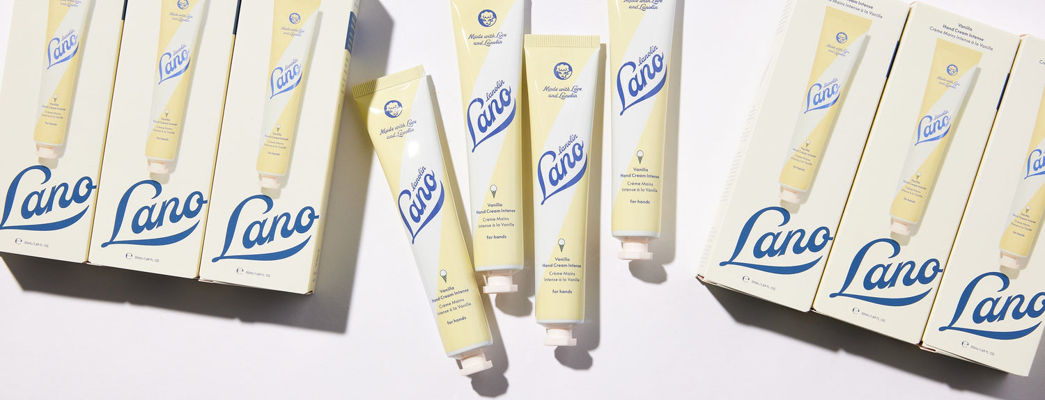 Lanolips vanilla hand cream intense tube and packaging.