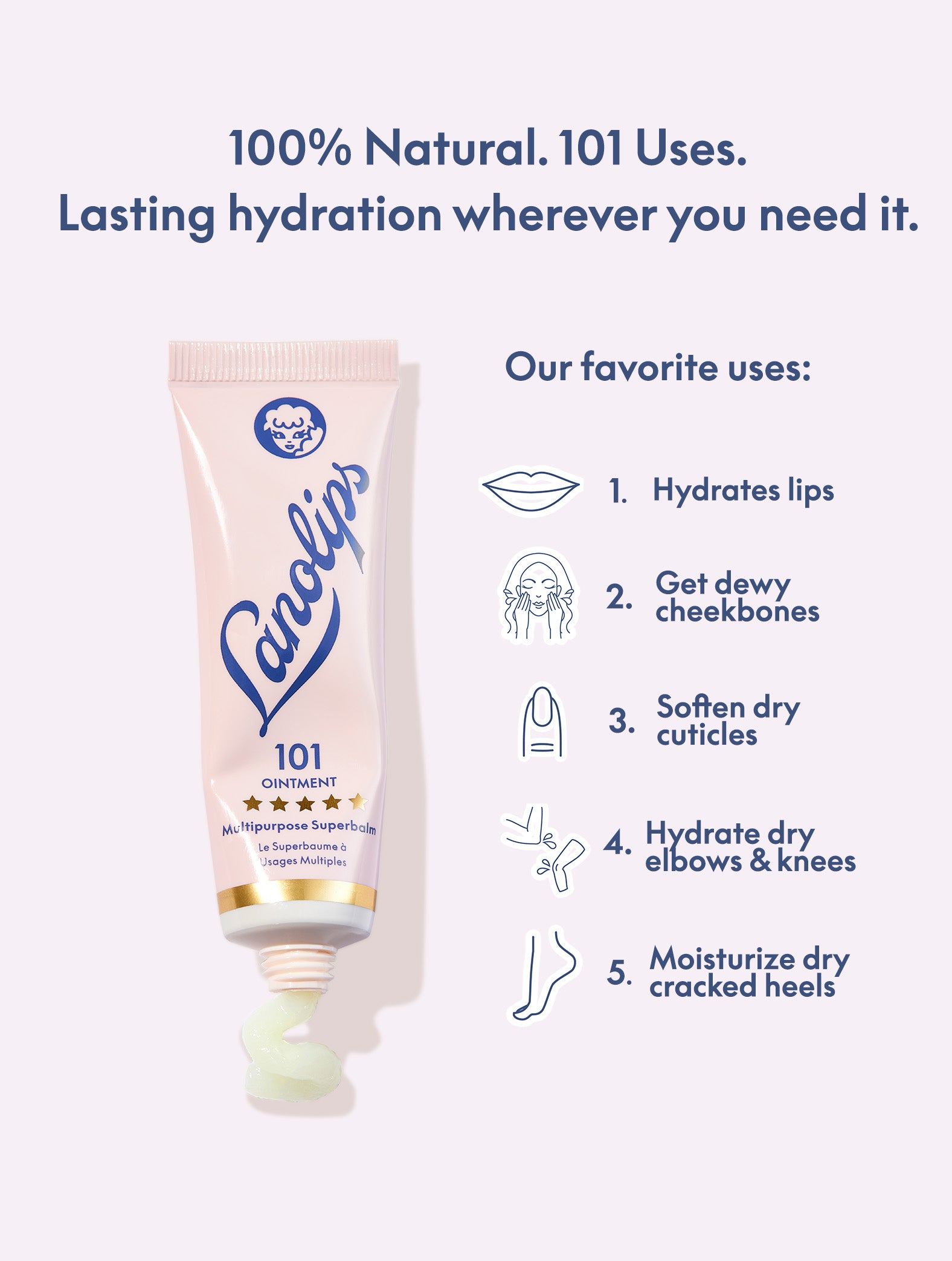 Lanolips 101 ointment multipurpose superbalm 100% natural. 101 uses. Lasting hydration wherever you need it.