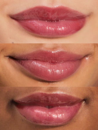 Close up shots of Lanolips Jellybalm Cherry worn on different skin tones