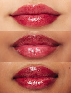 Lip swatches of models wearing Lanolips Tinted Lip Balm in Spice on different skin tones