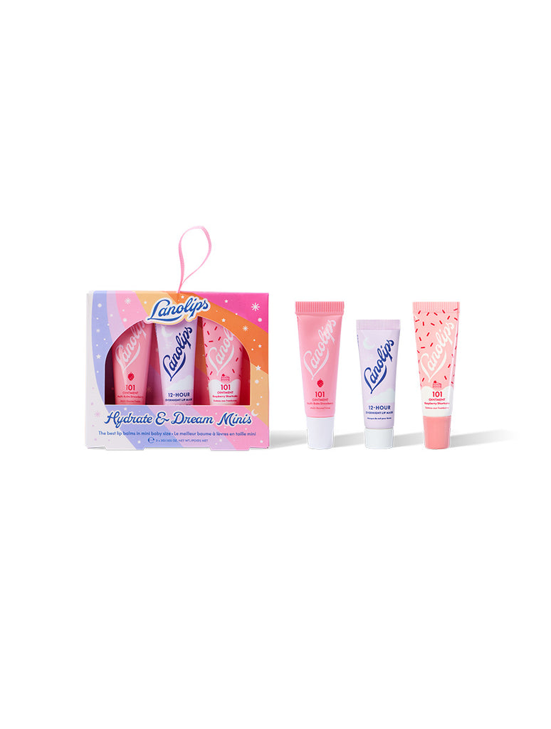 Hydrate + Dreams Minis - 101 Ointment Strawberry, 12 Hour Overnight Lip Mask & 101 Ointment Raspberry Shortcake in a cute mini size.