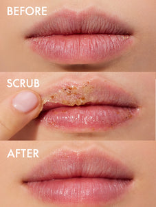 Before, during and after shot of our Lanolips Lip Scrub Strawberry. A balm based scrub made with sugar + exfoliating, ground fruit pieces to exfoilate and hydrate your lips.