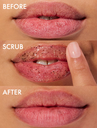 Before, during and after shot of our Lanolips Lip Scrub Strawberry. Our lip scrub enhances lip brightness by eliminating excess dead skin layers. Freshly scrubbed lips instantly appear healthier, feel smoother, and absorb balm more effectively.
