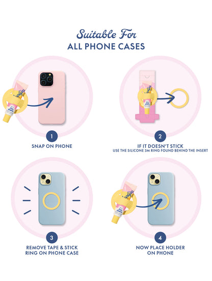 Instructions for using the lanolips phone  lip balm holder with illustrations and text on a white background