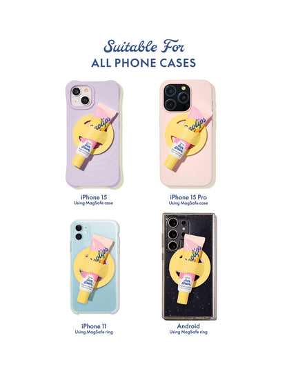 Infographic showing that the lanolips lip balm phone holder is suitable for all phone 
cases - including iphones and androids