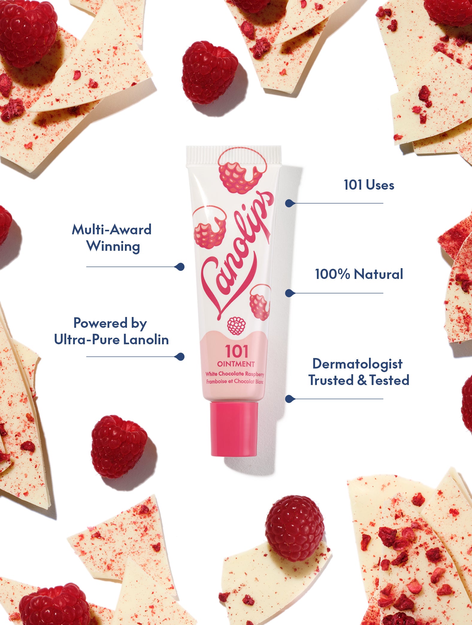 Lanolips 101 Ointment Multi-Balm in White Chocolate Raspberry, 100% natural ultra-pure lanolin lip balm and skin ointment, dermatologist tested with 101 uses, surrounded by fresh raspberries and white chocolate shards