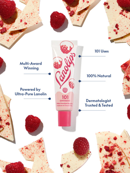 Lanolips 101 Ointment Multi-Balm in White Chocolate Raspberry, 100% natural ultra-pure lanolin lip balm and skin ointment, dermatologist tested with 101 uses, surrounded by fresh raspberries and white chocolate shards