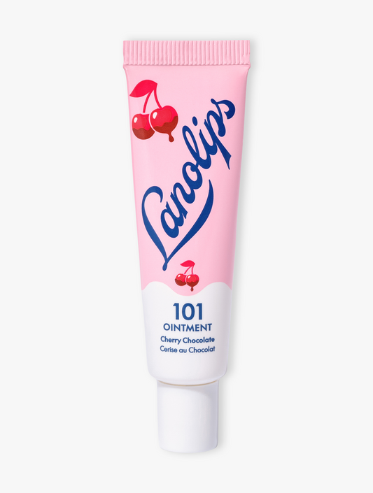 Product image of lanolips new limited-edition 101 ointment multi-balm holiday inspired flavor cherry chocolate -Velvety. Festively Irresistible. A decadent festive flavor inspired by an irresistible combination - chocolate and cherries. Using lanolips’ richest ultra-pure lanolin, vitamin E & all-natural flavor, this super-rich balm penetrate and lock in moisture for extreme hydration. Perfect for extremely dry, chapped lips, skin patches, cuticles, elbows & more.