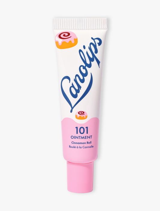 Product image of lanolips new limited-edition 101 ointment multi-balm holiday inspired flavor cinnamon roll - freshly baked cinnamon warmth with sweet cream glaze. Using lanolips’ richest ultra-pure lanolin, vitamin E & all-natural flavor, this super-rich balm penetrate and lock in moisture for extreme hydration. Perfect for extremely dry, chapped lips, skin patches, cuticles, elbows & more.
