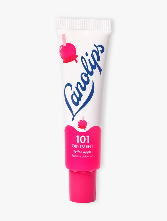 Product image of lanolips new limited-edition 101 ointment multi-balm holiday inspired flavor toffee apple - the perfect balance of crisp apple and rich toffee. Using lanolips’ richest ultra-pure lanolin, vitamin E & all-natural flavor, this super-rich balm penetrate and lock in moisture for extreme hydration. Perfect for extremely dry, chapped lips, skin patches, cuticles, elbows & more.