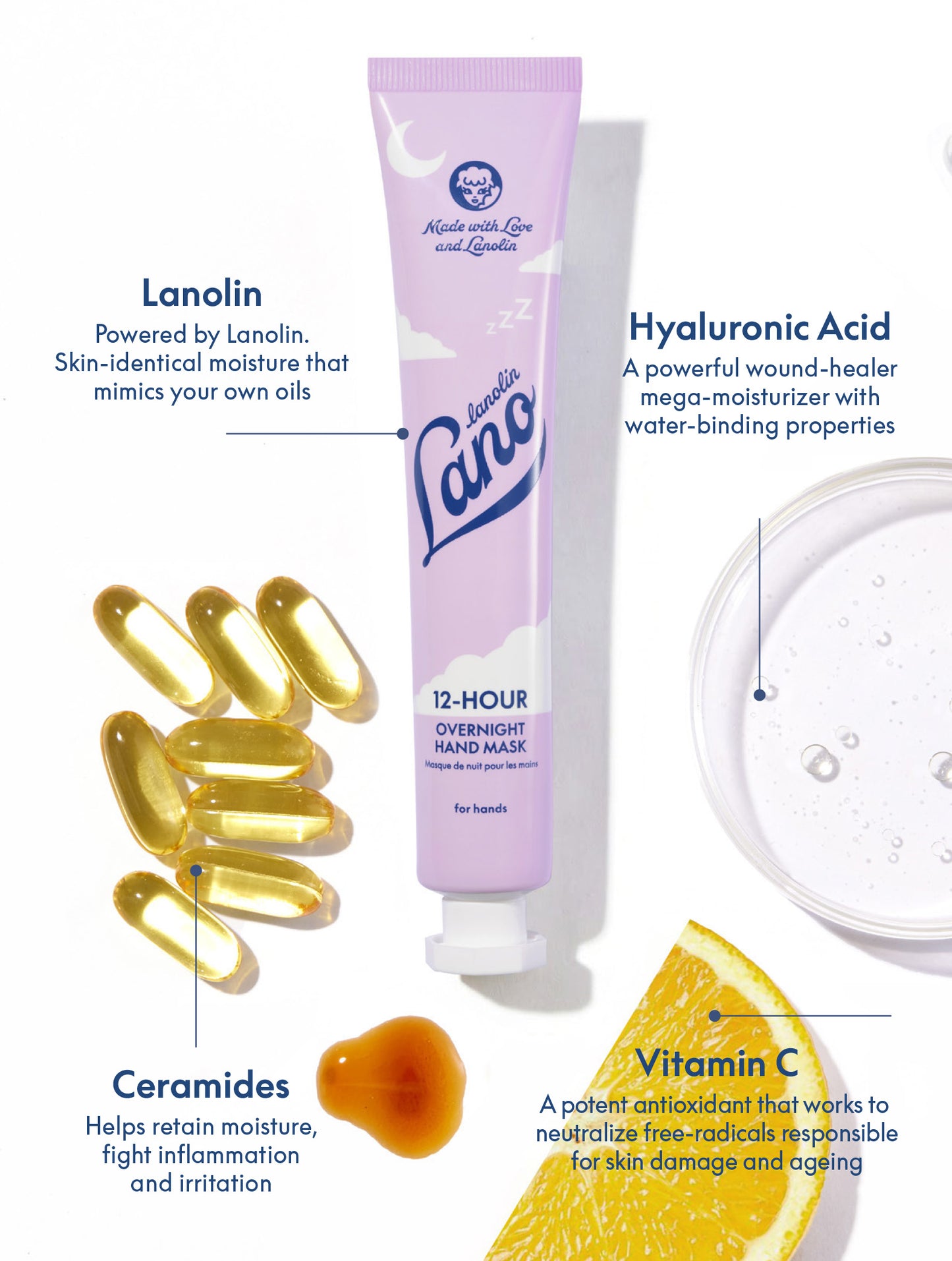 Lanolips 12 Hour Overnight Hand Mask with lanolin and hyaluronic acid, deeply moisturizing treatment with ceramides and vitamin C