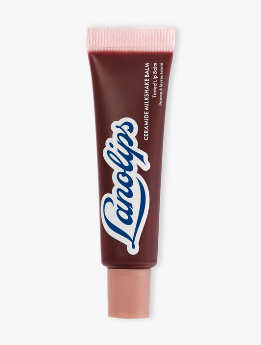 Product shot of Lanolips Ceramide Milkshake Balm in chocolate swirl, made with 90% lanolin, ceramides and murumuru butter.