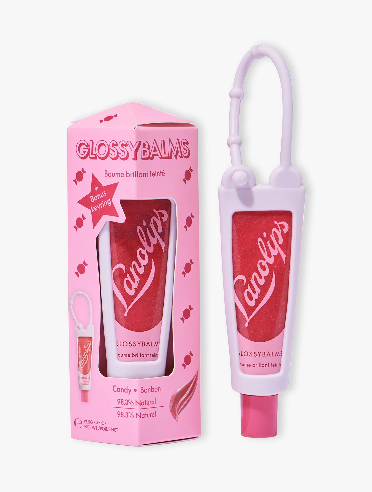 Lanolips Glossy Balm Candy in a limited edition pink key ring. Our Glossy Balm Candy is made with rich lanolin, mica and vitamin e for the most hydrated, glossy lips. 