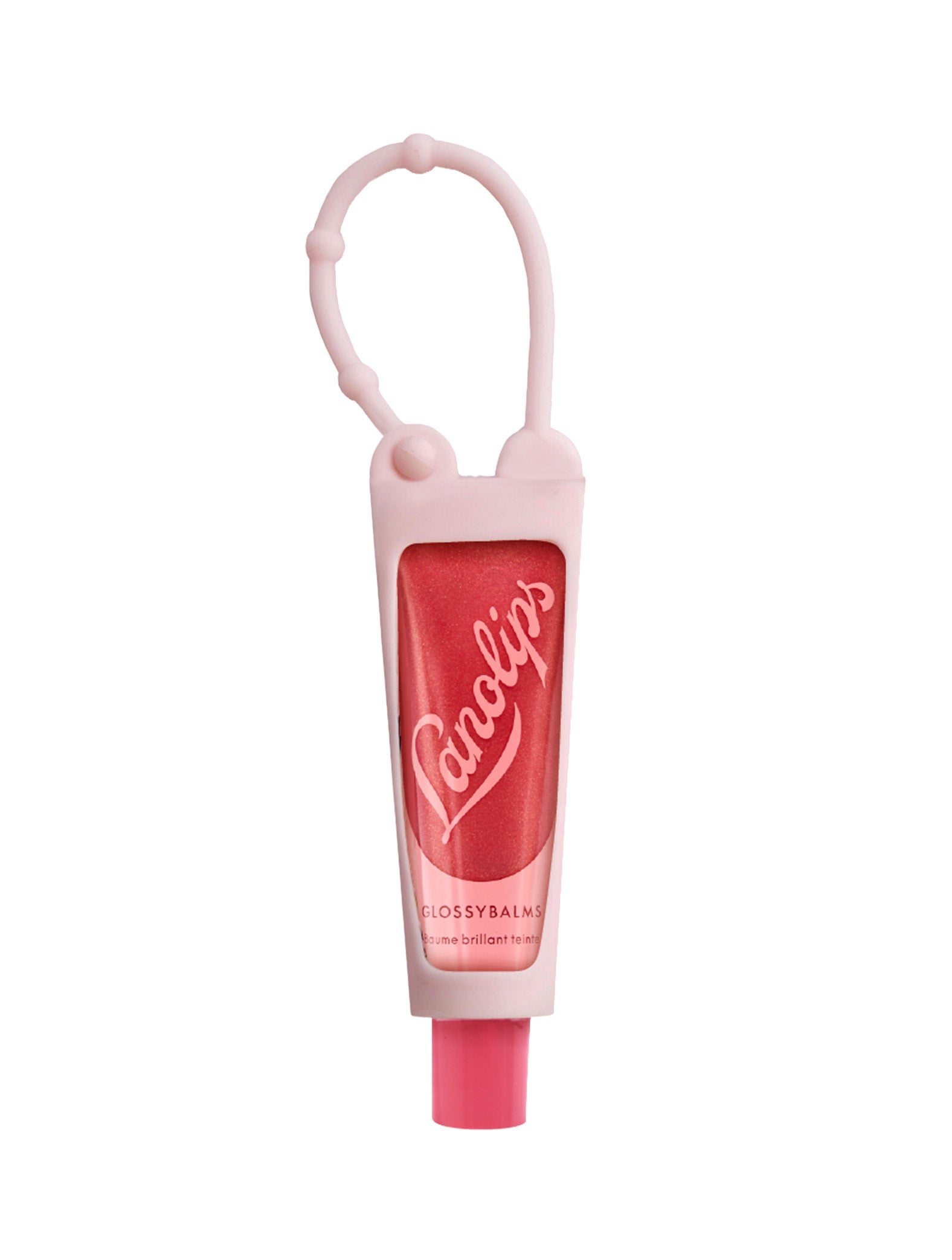 Still photo of the Lanolips Glossy Balm Candy with the limited edition key ring in the color pink. Fantastic for gift giving this festive season. 