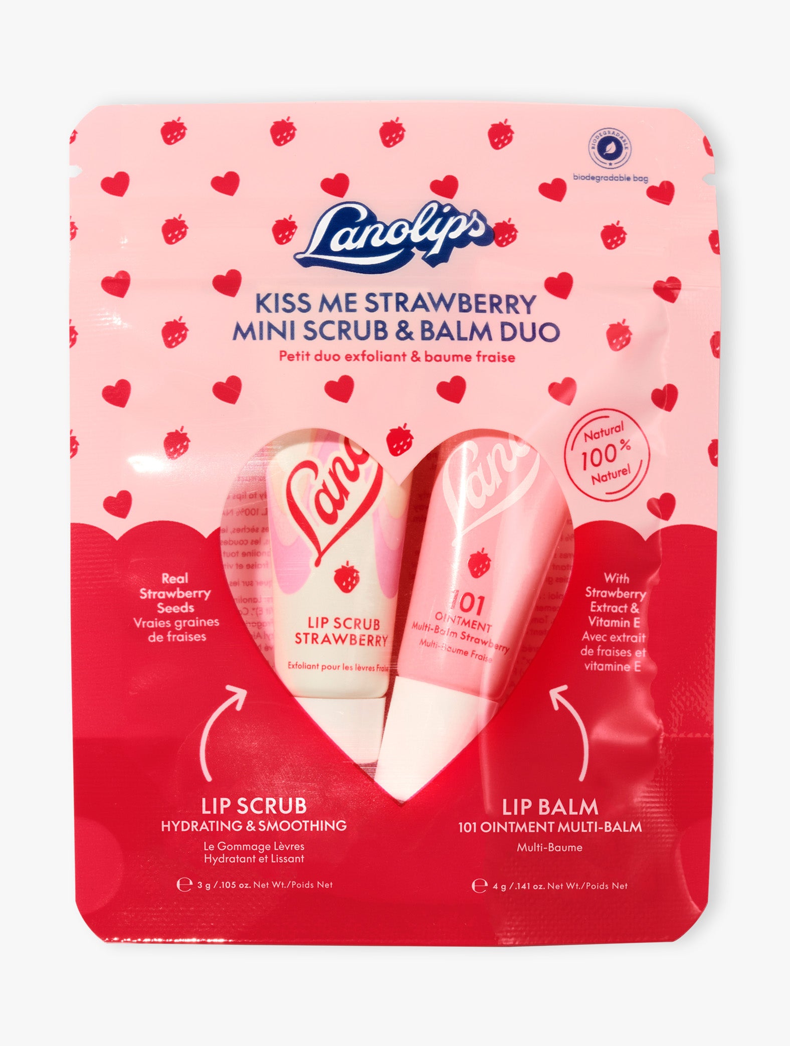 Main product shot of the Lanolips Kiss Me Strawberry Mini Scrub & Balm Duo packaging with red and pink design. The duo pairs our Lip Scrub Strawberry in mini-size form, with our 101 Ointment Multi-Balm Strawberry - giving you everything you need for silky hydrated lips with a touch of natural sweetness.