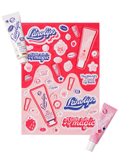Puffy sticker sheet with Lanolips logos, stars, strawberries, lips, and 101 Ointment Strawberry & Original Superbalm tube designs.
