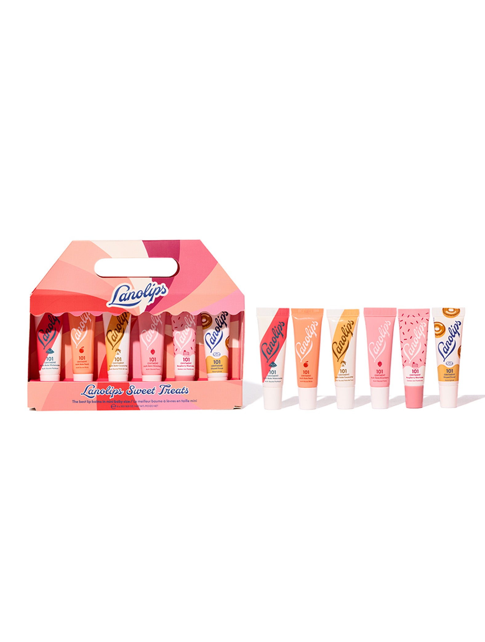 A collection of Lanolips lip balm tubes in various flavors, presented in a Christmas-themed packaging.