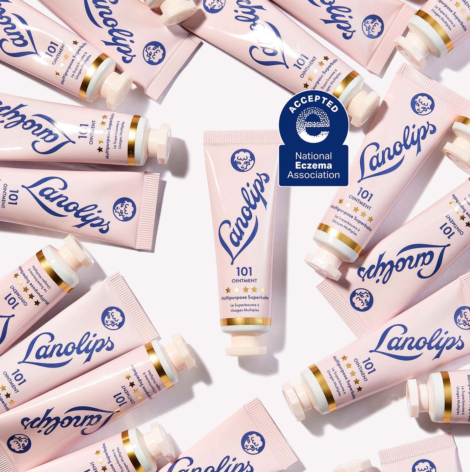 Lifestyle shot of the 101 Ointment Multipurpose Superbalm, with an "Accepted National Eczema Association" logo on the right corner of the product. 