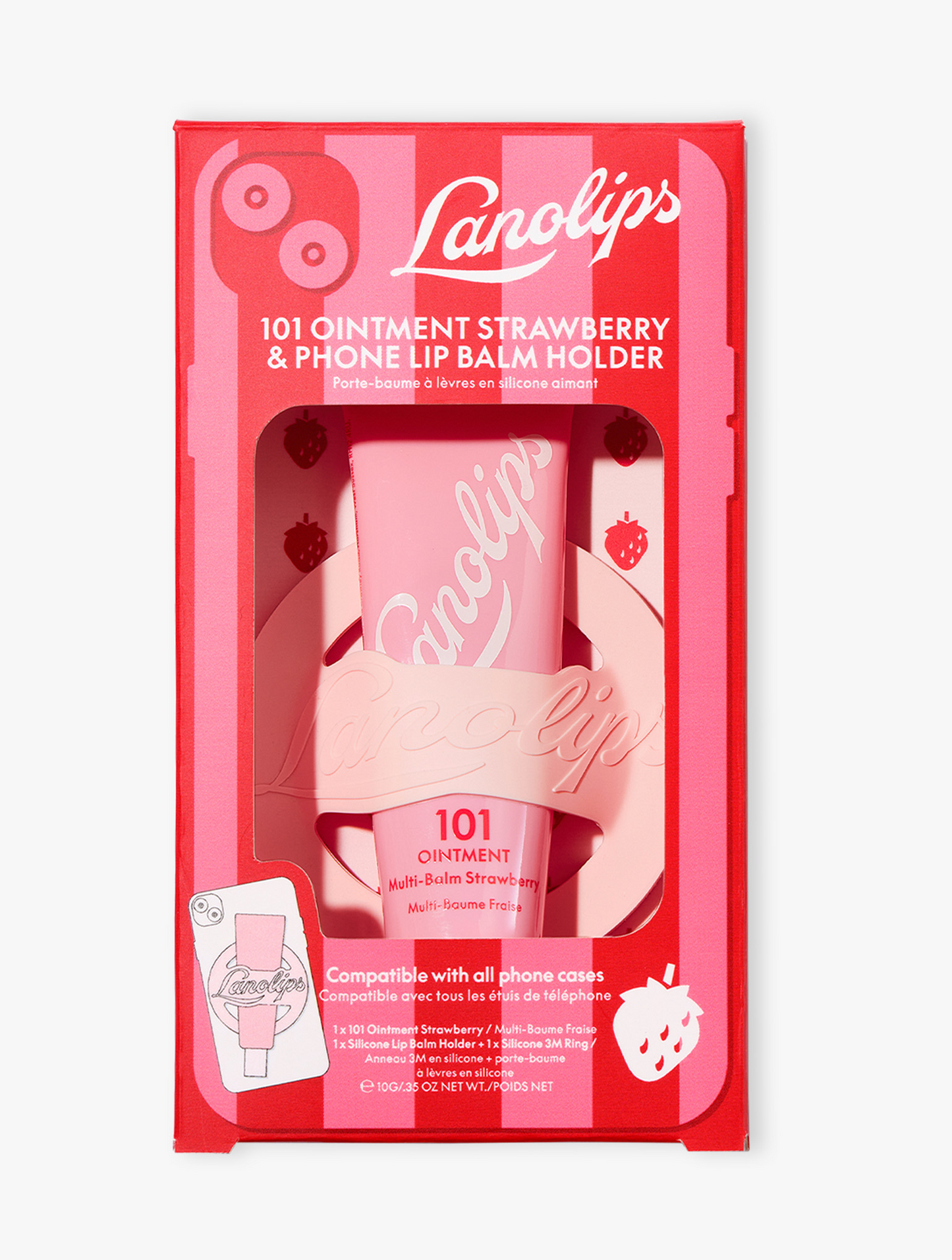 Lanolips phone lip balm holder in a pink stripe box.