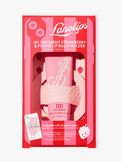 Lanolips phone lip balm holder in a pink stripe box.