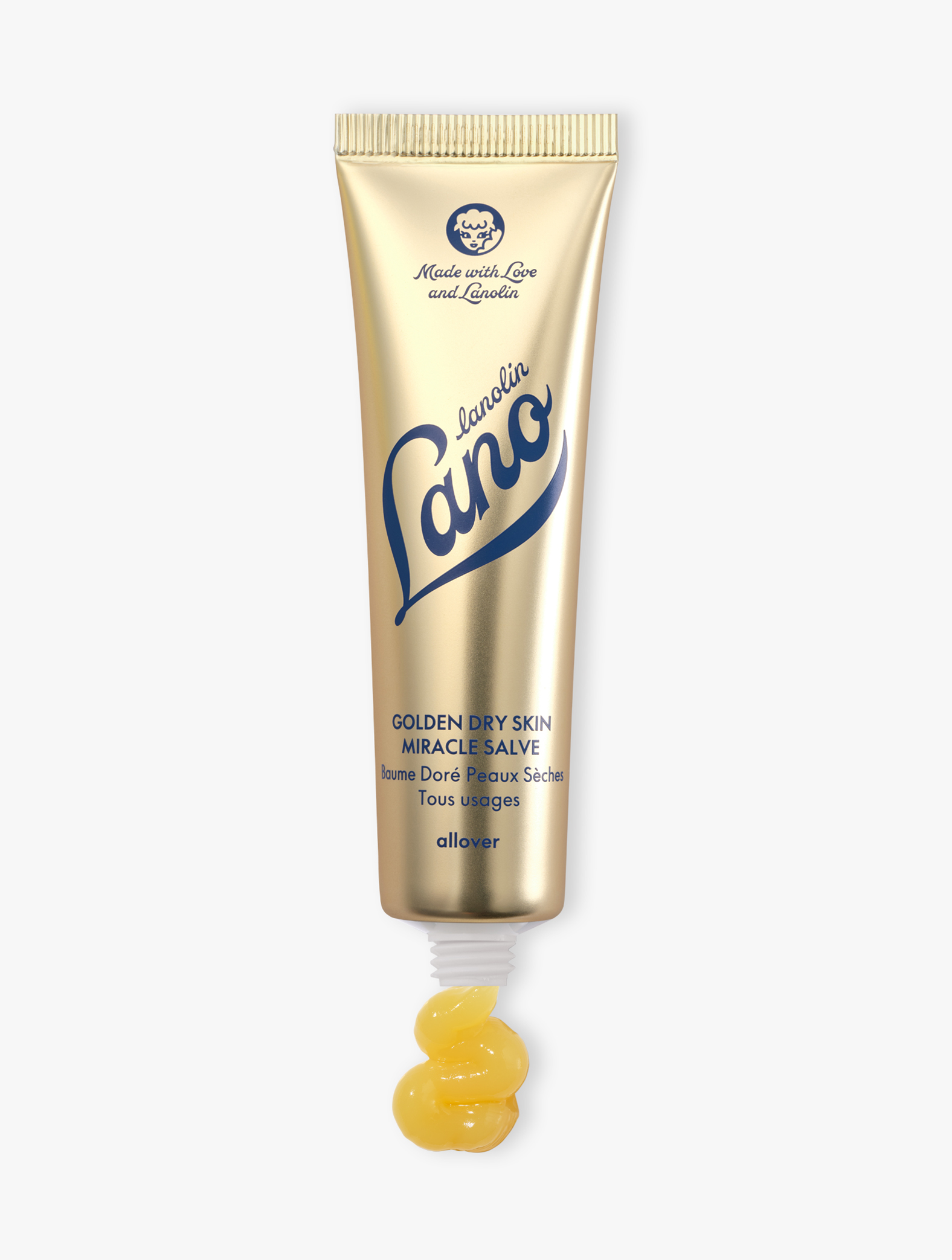 Lanolips Golden Dry Skin Miracle Salve 60g comes in a metallic gold squeezable tube with a white cap. The packaging features the Lano logo in deep blue lettering, along with ‘Made with Love and Lanolin’ inscribed at the top. A small amount of the rich, golden balm is shown oozing from the tube, emphasising its ultra-hydrating, multi-purpose formula designed to deeply nourish and repair very dry skin, hands, and rough patches.