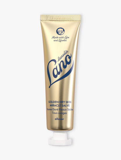 Product Shot of Lanolips Golden Dry Skin Miracle Salve 60g closed tube with a white cap. An ultra-hydrating, multi-purpose formula designed to deeply nourish and repair very dry skin, hands, and rough patches.