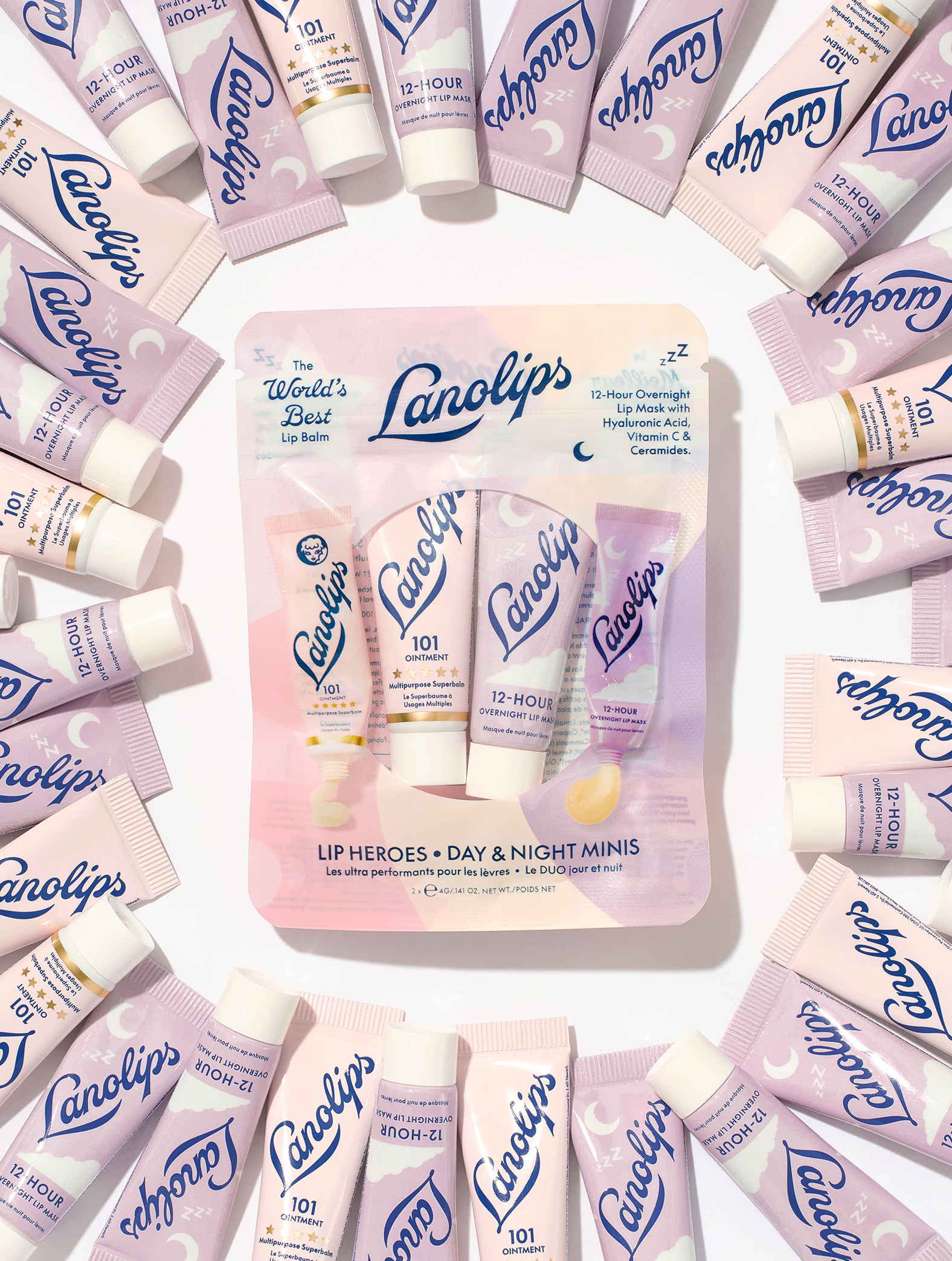 Lanolips lip care products with packaging in the centre.