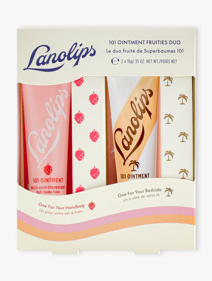 Product shot of the Lanolips 101 Ointment Fruities Duo. Contains our best selling 101 Strawberry and 101 Coconutter. 
