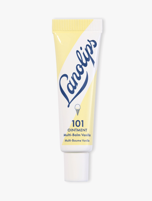 Product shot of Lanolips 101 Ointment Multi Balm Vanilla tube with yellow and white design on a white background.
